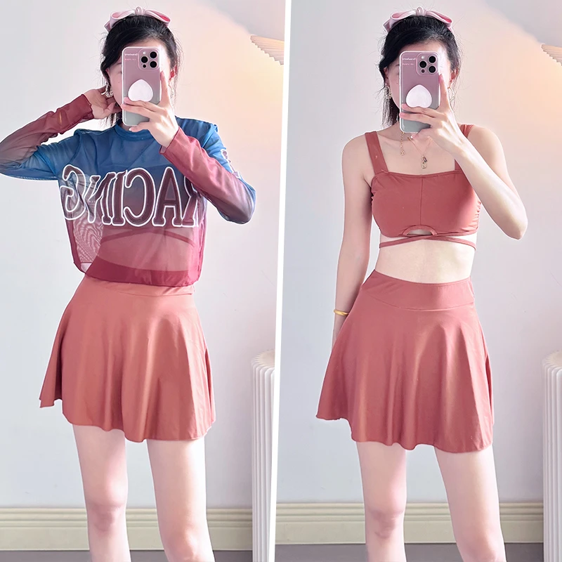 泳衣海边度假三件套纯欲分体裙式微胖大码遮肉泡温泉速干防晒泳装