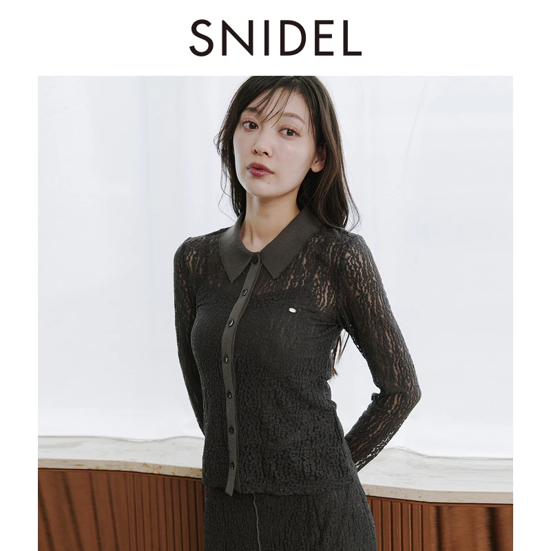 SNIDEL2025秋冬新品简约百搭翻领蕾丝镂空长袖针织衫SWCT254250