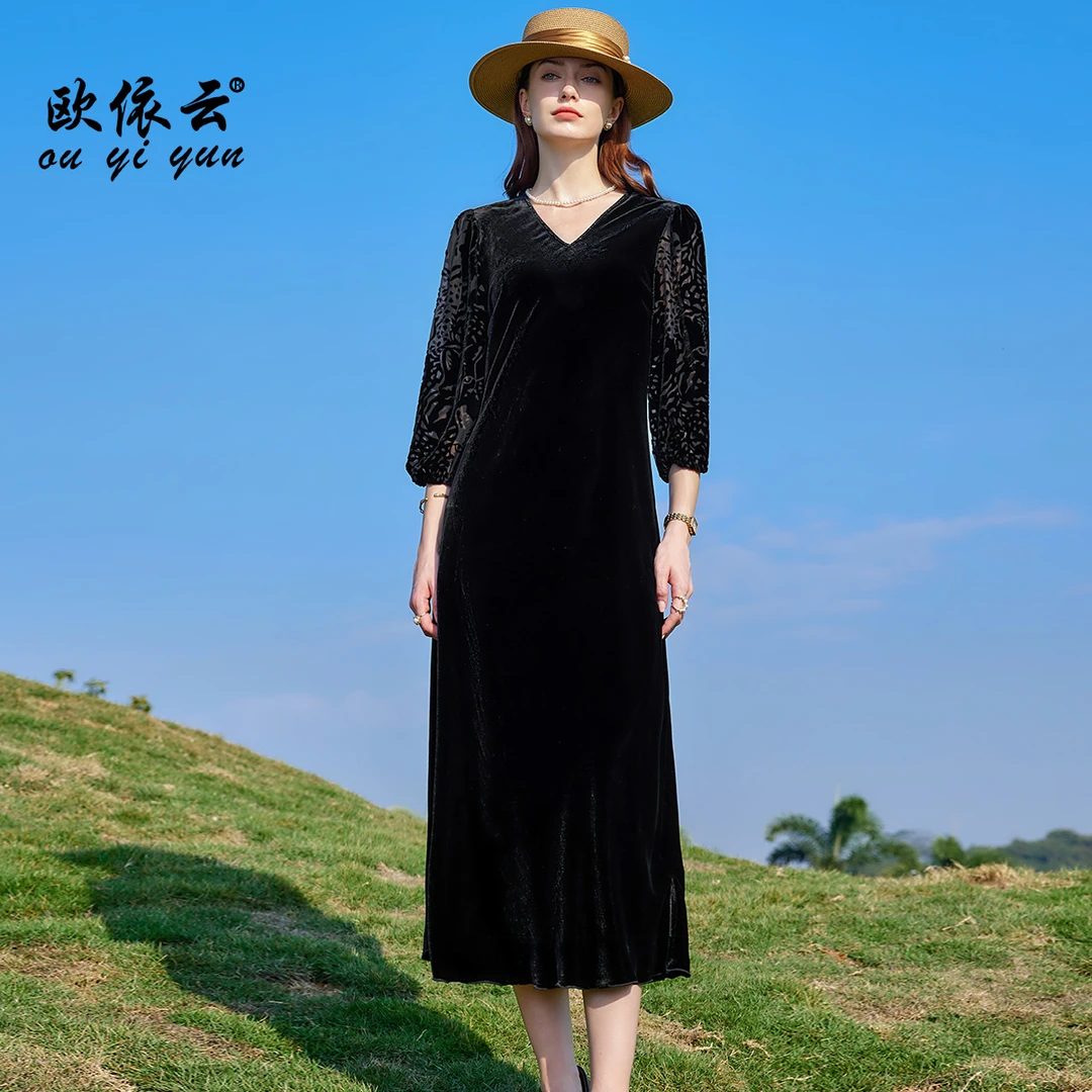 50107欧依云中年女春夏气质长裙子桑蚕丝连衣裙优雅显瘦小黑裙