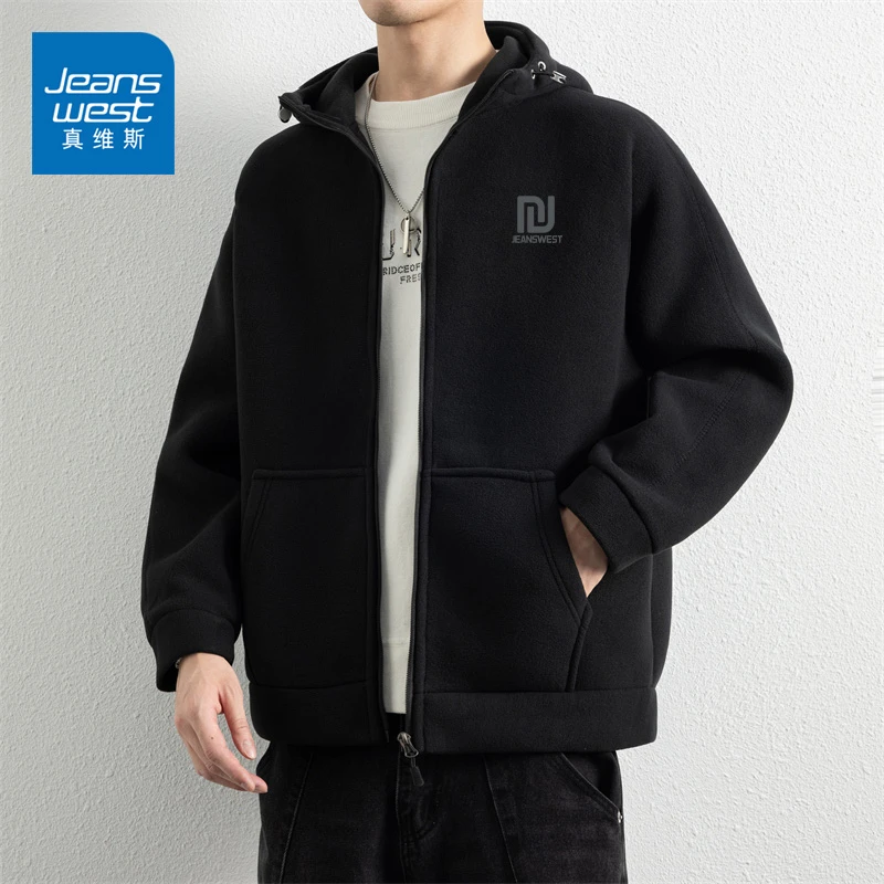 真维斯加绒加厚外套男款冬季美式休闲百搭宽松奥粒绒连帽卫衣开衫
