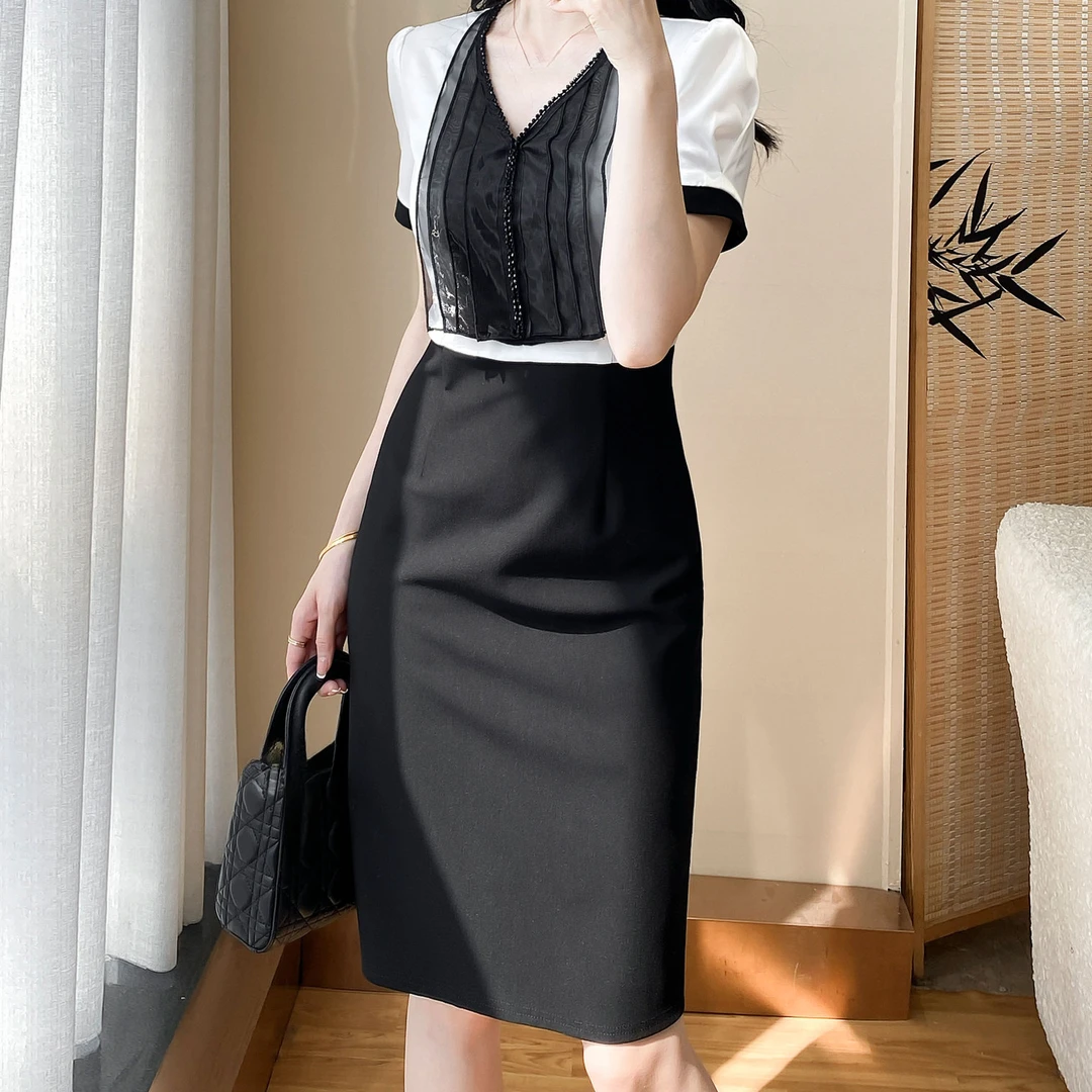 连衣裙女夏季新款时尚气质法式假两件小黑裙显瘦黑色收腰修身名媛