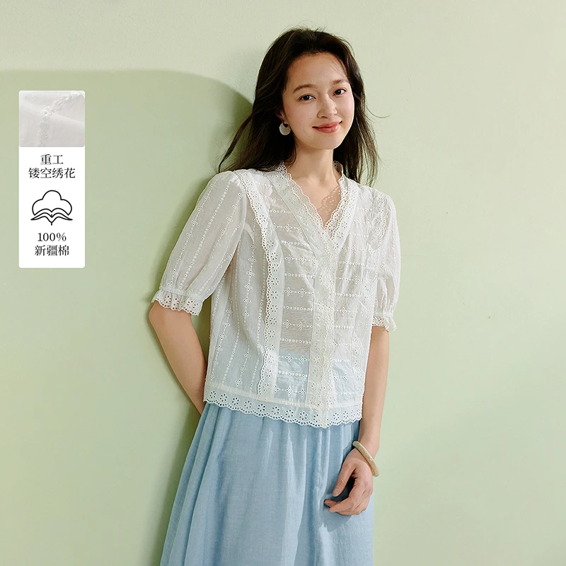 【欧若风新品】茵曼夏季重工镂空刺绣纯棉白色衬衫花边V领短袖衬衣