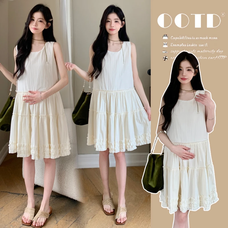 孕妇夏季新款时尚拼接木耳边蛋糕裙宽松无袖连衣裙百搭外穿背心裙
