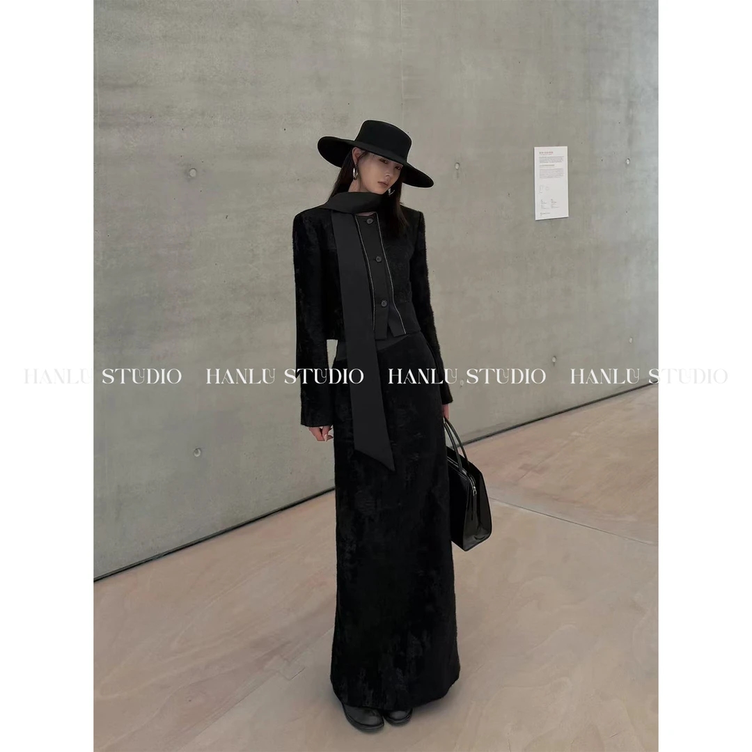 HANLU STUDIO品牌线·原创设计定制暗纹提花黑色高腰直筒半身裙