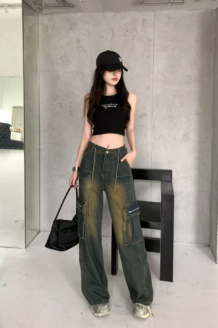 美式复古工装牛仔裤高腰秋季设计口袋直筒宽松拖地裤子长裤