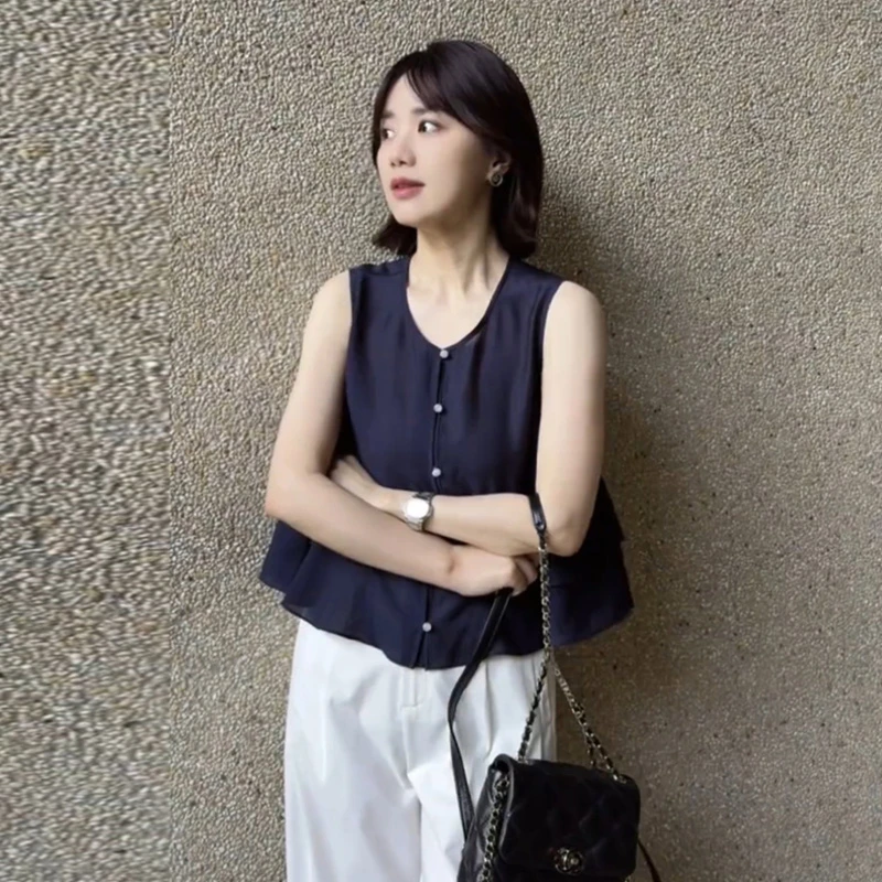 韩系通勤风荷叶边拼接无袖衬衫女夏季新款简约高级感百搭短款上衣