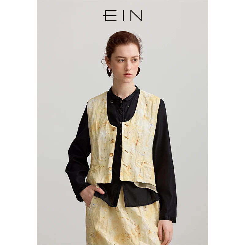 EIN/言【商场同款】25早春拓印印花撞料丝绵金属丝斑驳铁锈印马甲