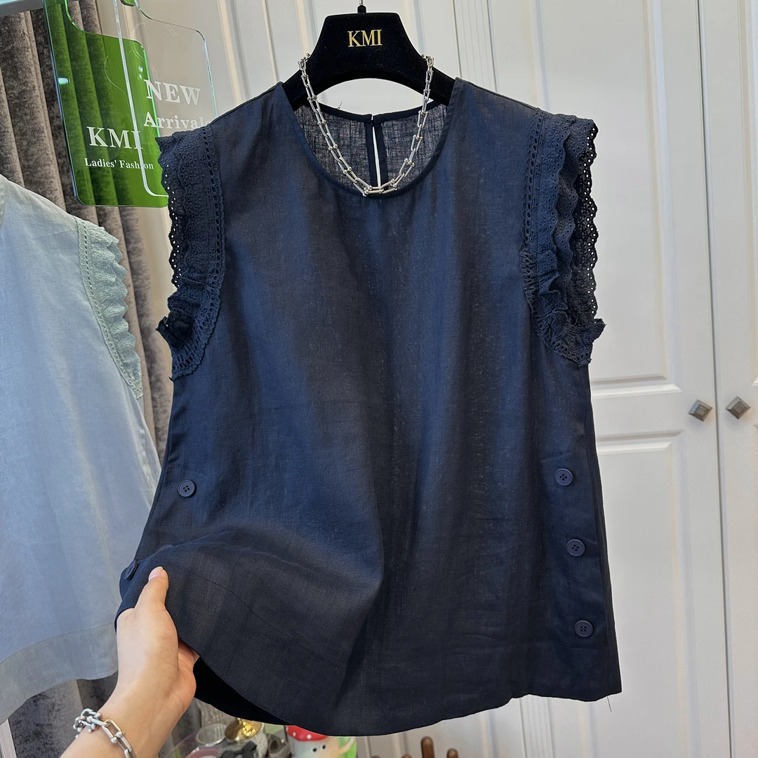 胖妹妹240斤大码老钱风蕾丝木耳边纯棉衬衫女夏宽松气质背心上衣