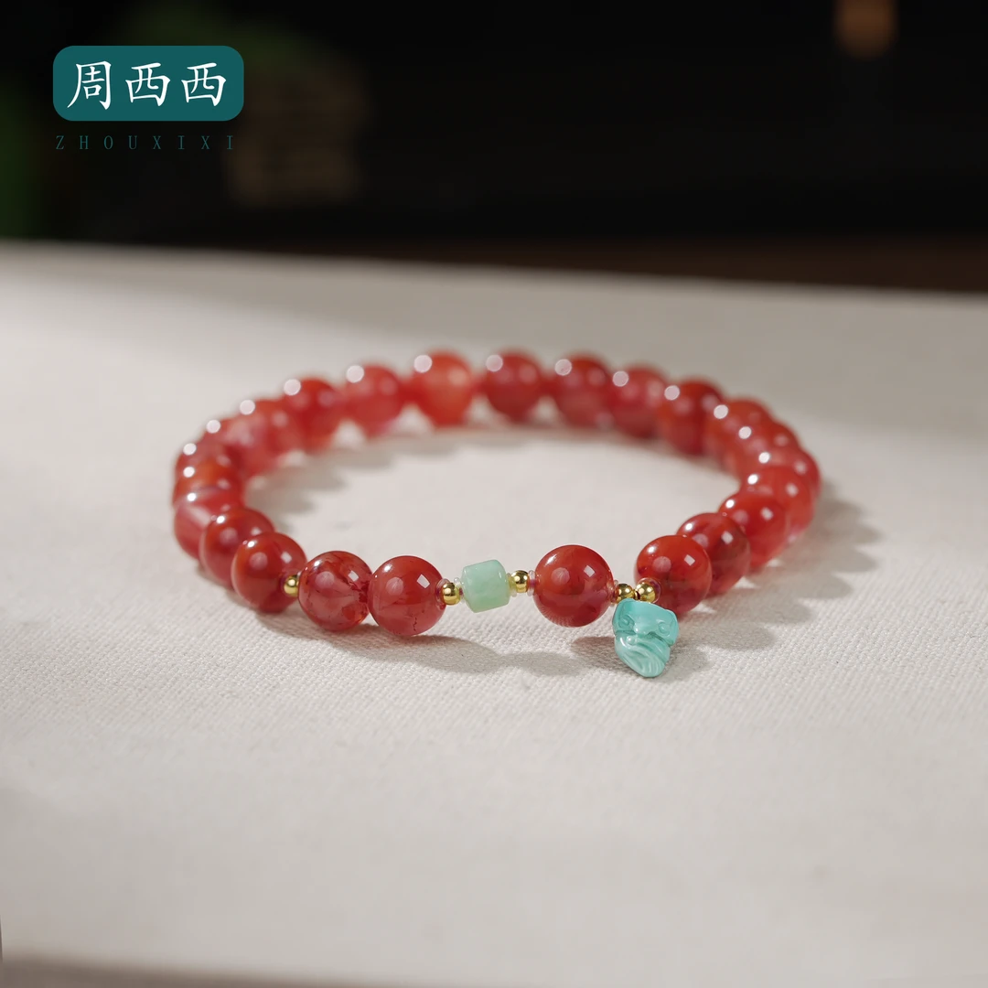 周西西精美18K南红绿松石吊坠手串7mm气质百搭多样性发货19315