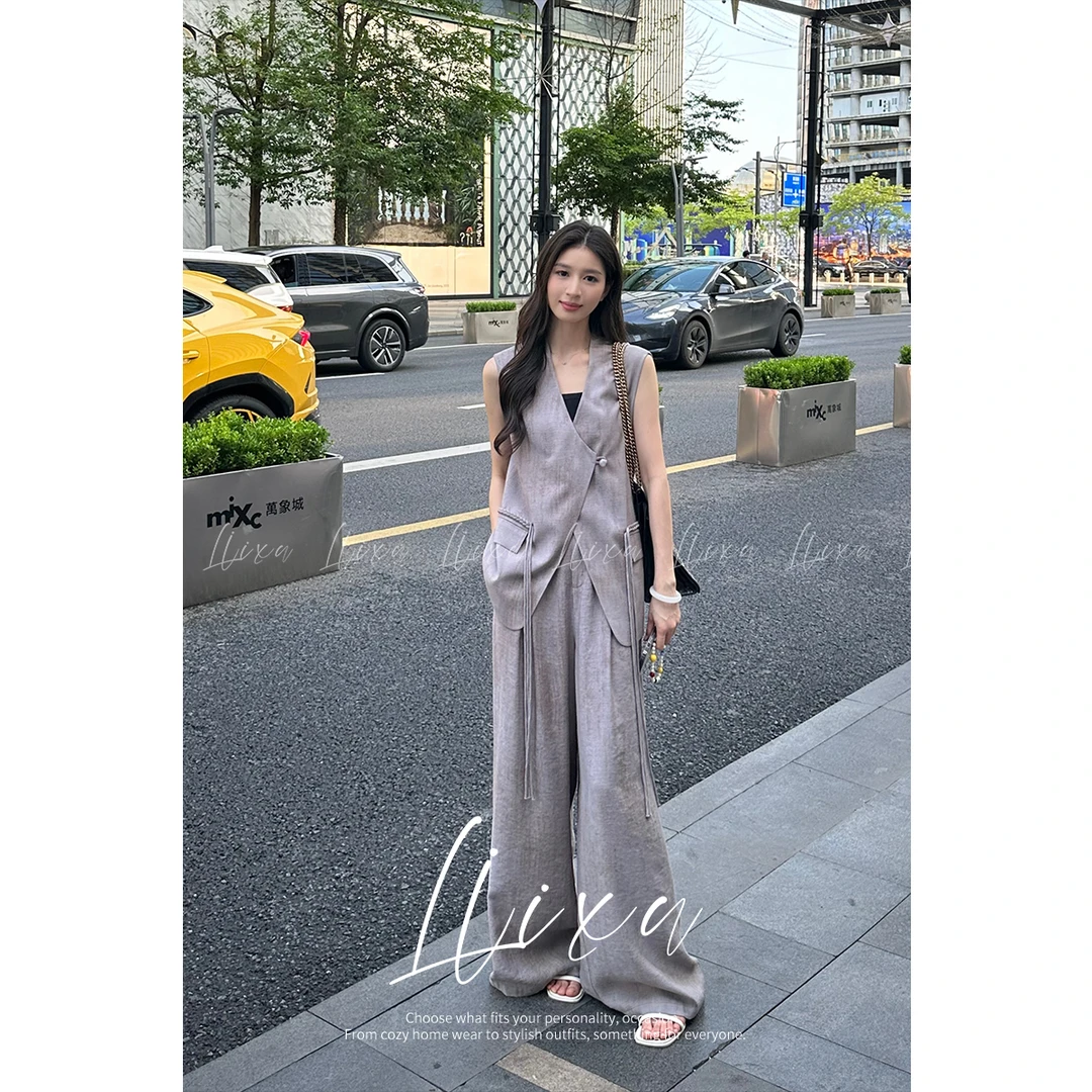 【李柚柚】时尚V领无袖新中式套装西装外套上衣夏阔腿裤套装