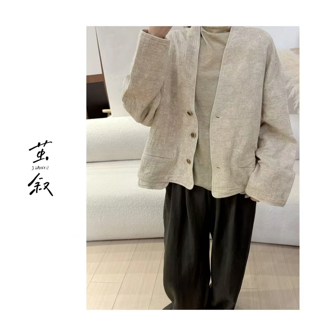 JIAN.XU单排扣提花宽松型短款外套上衣