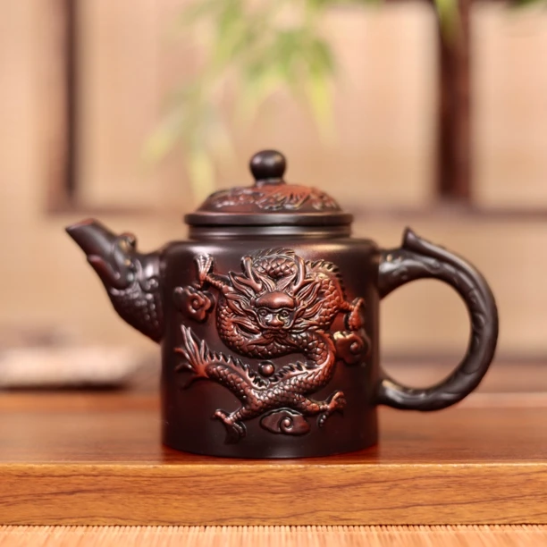 紫陶浮雕龙凤凤鸣家用中式复古陶瓷泡茶壶泡茶器茶具