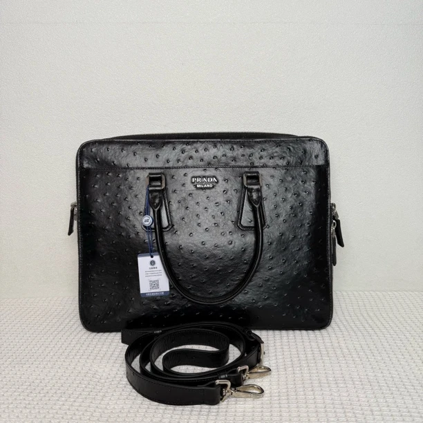 99新 Prada/普拉达 98新/4794男士稀有鸵鸟皮手提公文包/7万公价
