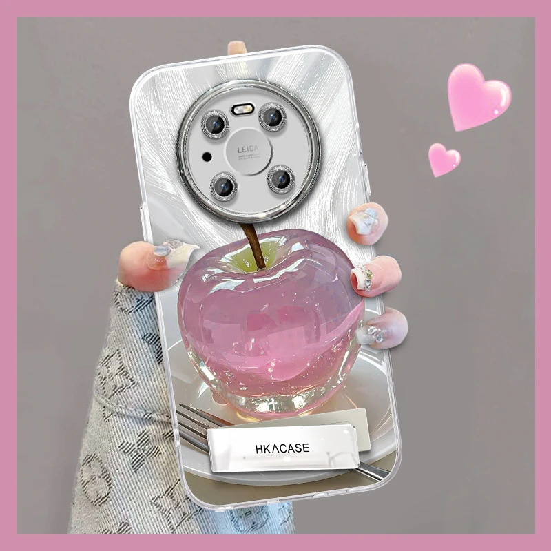 适用华为mate40pro/40epro精孔羽纱晶莹粉苹果创意支架全包手机壳