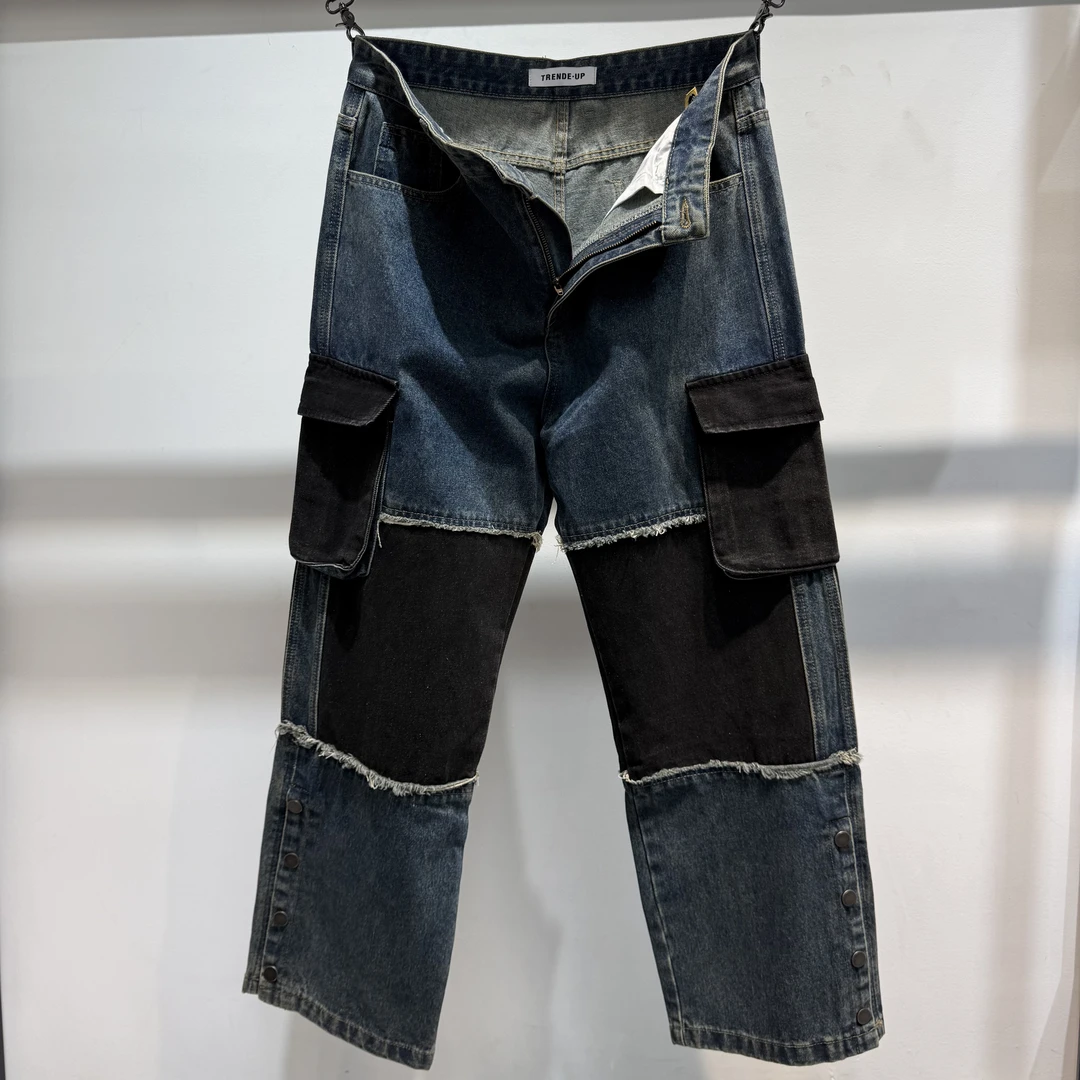 牛仔裤男宽松阔腿设计感拼接撞色多口袋重工原创潮牌直筒裤2687