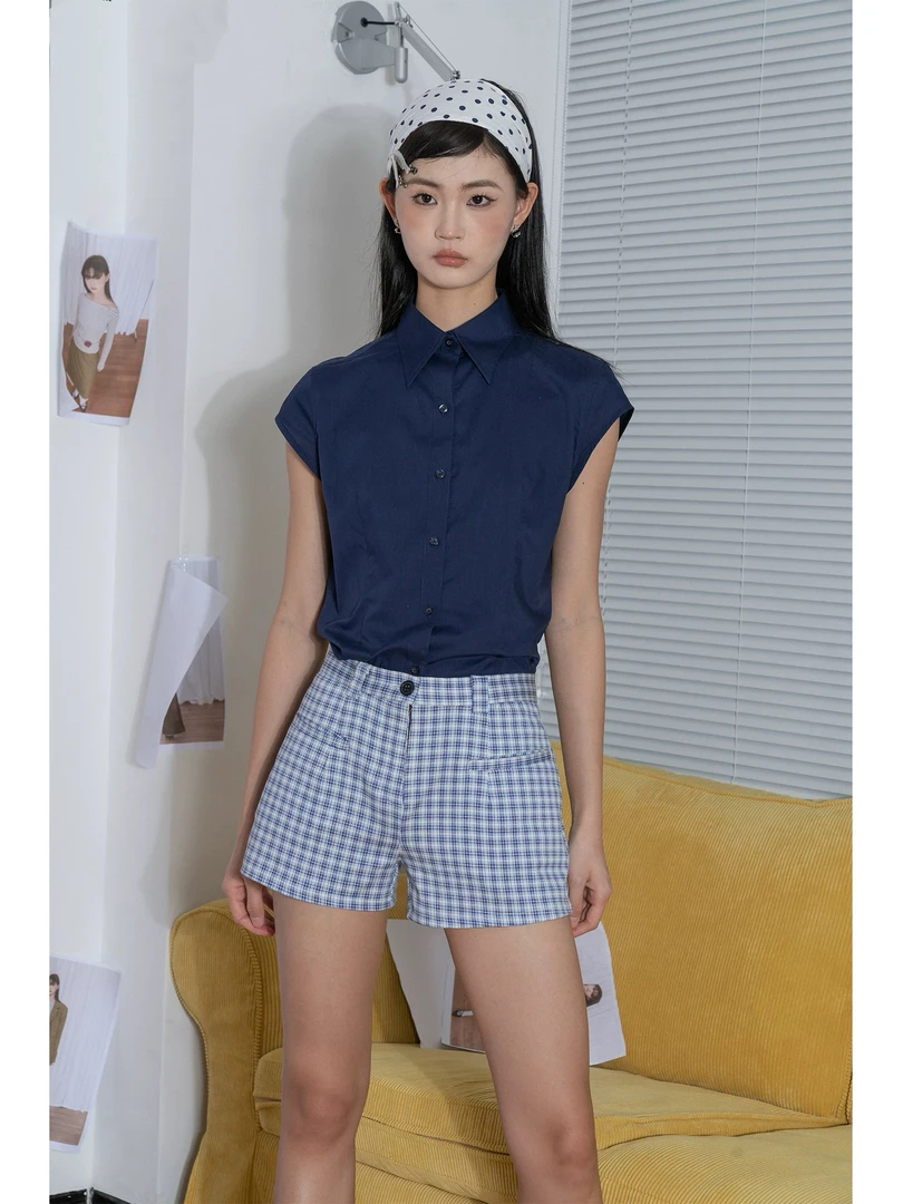 DK009减龄夏季休闲百搭女装外穿短裤高腰格子显瘦气质时尚复古
