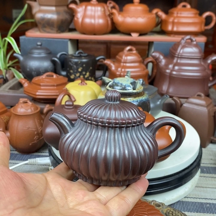 茶壶紫砂筋纹潘壶200cc原矿老紫泥还原烧