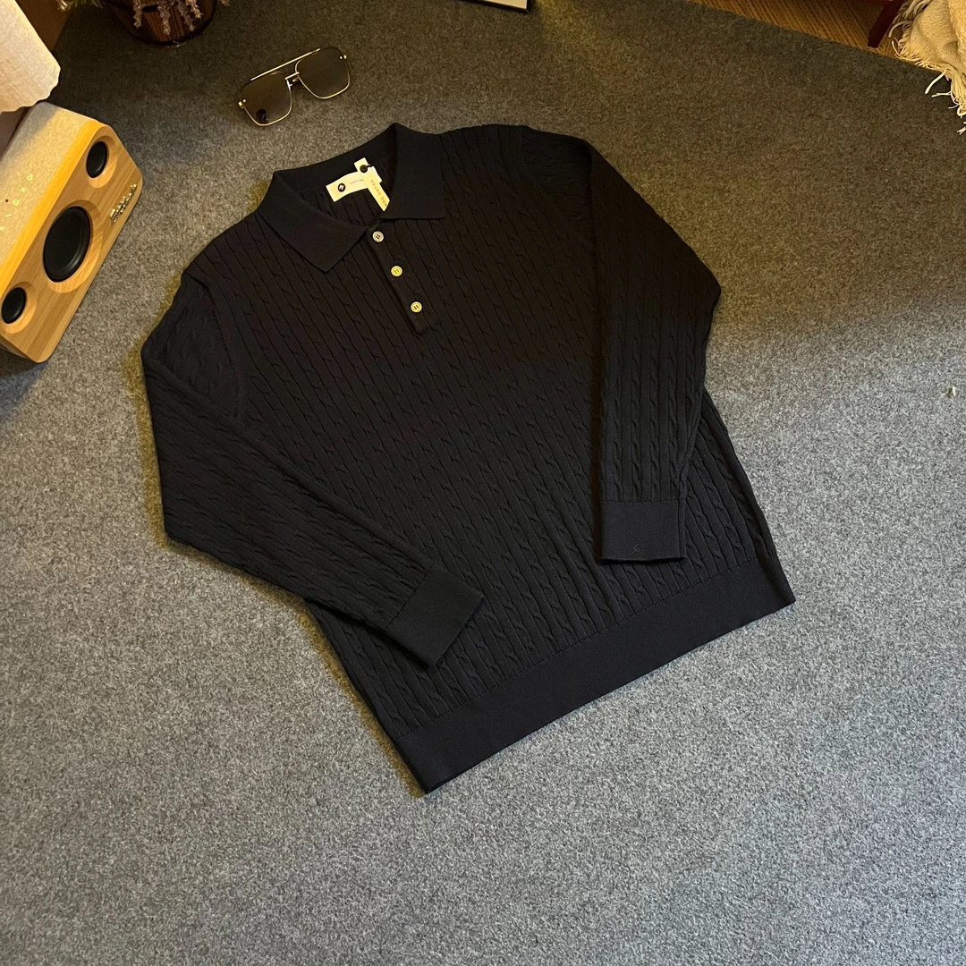 羊毛混纺秋冬新款男士翻领长袖商务休闲纯色毛衣黑色上衣针织衫