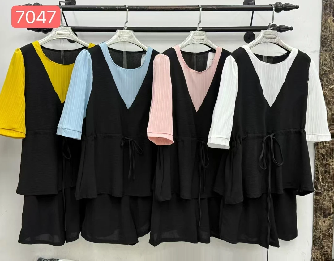 7047韩版收腰抽绳显瘦假两件上衣+短裤【两件套】
