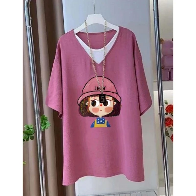 纯棉V领短袖t恤女夏季新款显瘦设计感小众减龄时尚洋气大码上衣潮