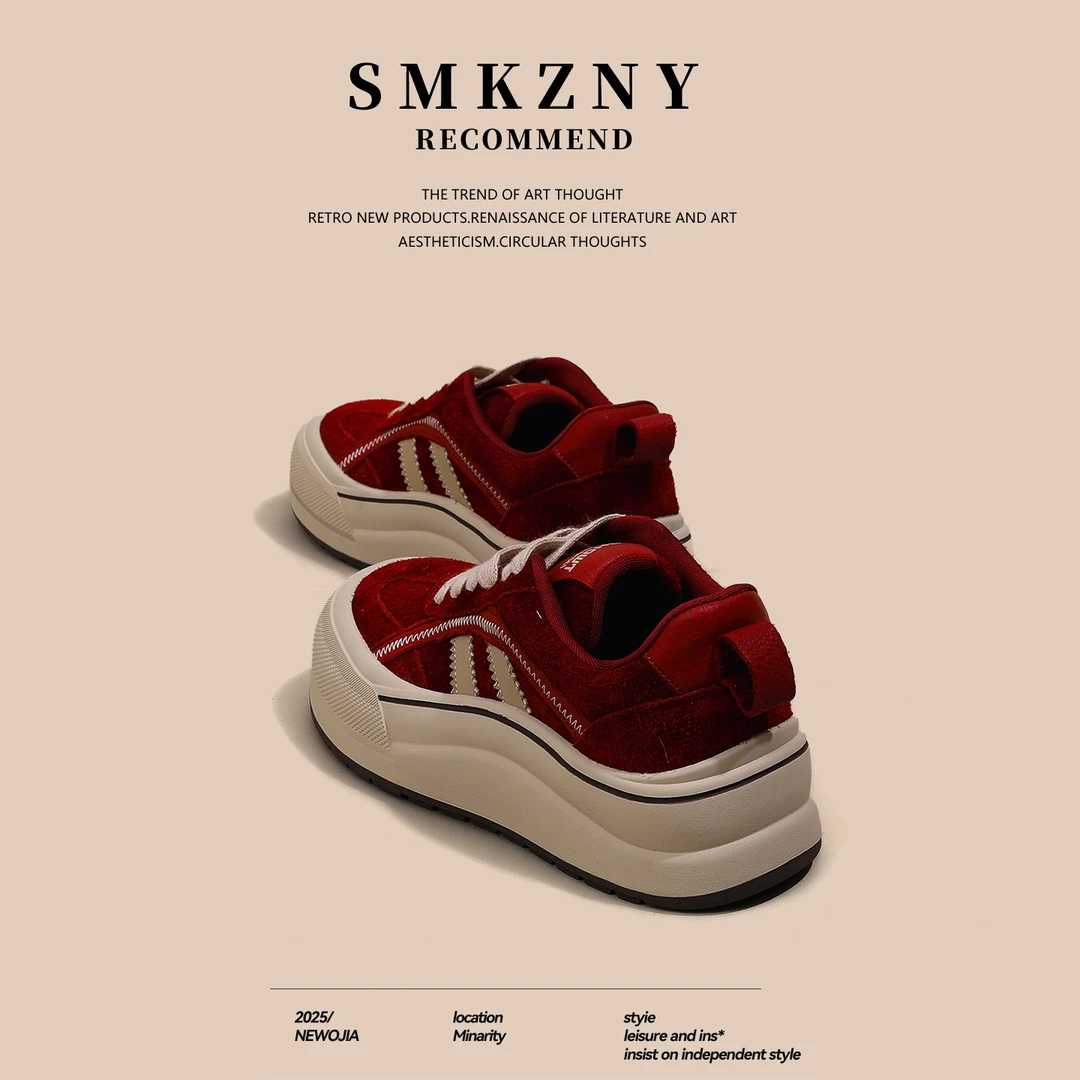 红色真皮复古厚底板鞋女2025新款秋季百搭运动休闲板鞋阿甘德训鞋