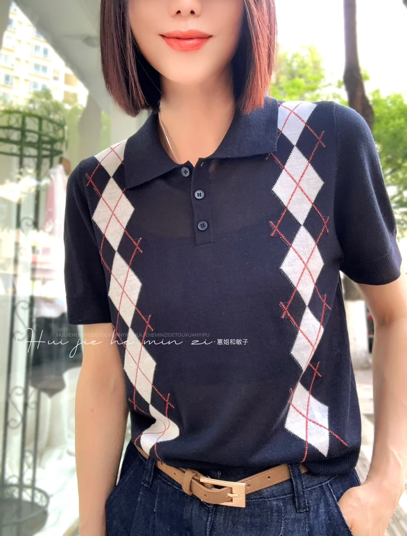 【蕙姐推荐】91 缪系女孩！16针进口机密织撞色菱格圆领上衣