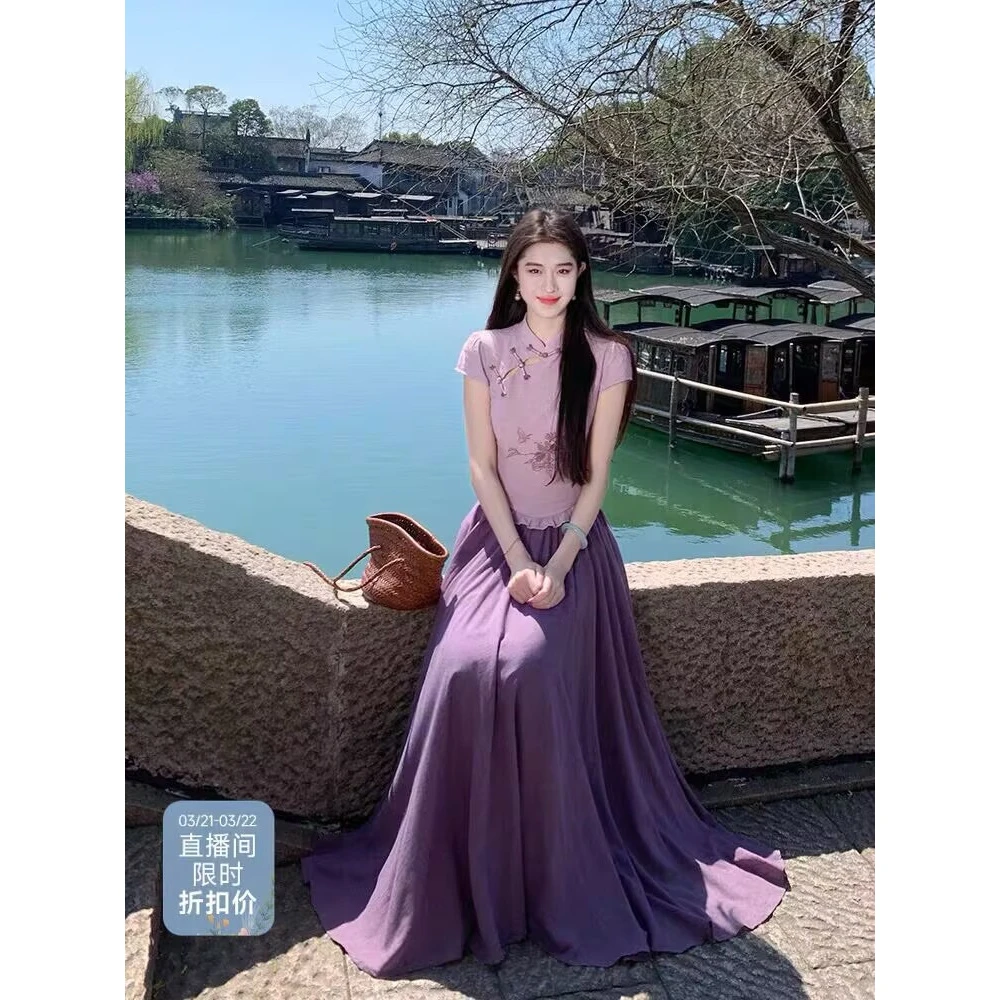 新中式套装夏季新款绝美漂亮复古国风紫色短袖上衣半身裙子两件套