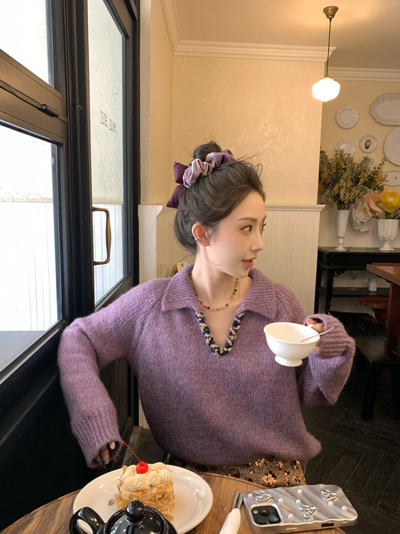 气质名媛风设计感半开领针织衫女2025年新款休闲减龄百搭长袖上衣