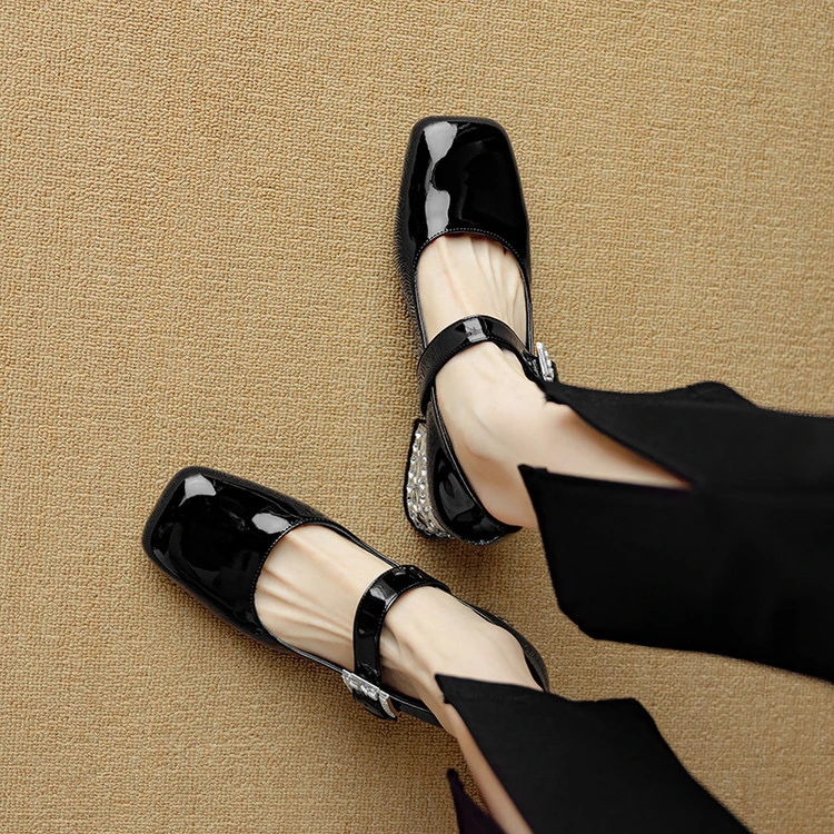 里外全羊皮4cm～方头中跟百搭玛丽珍气质法式复古浅口单鞋春秋粗跟