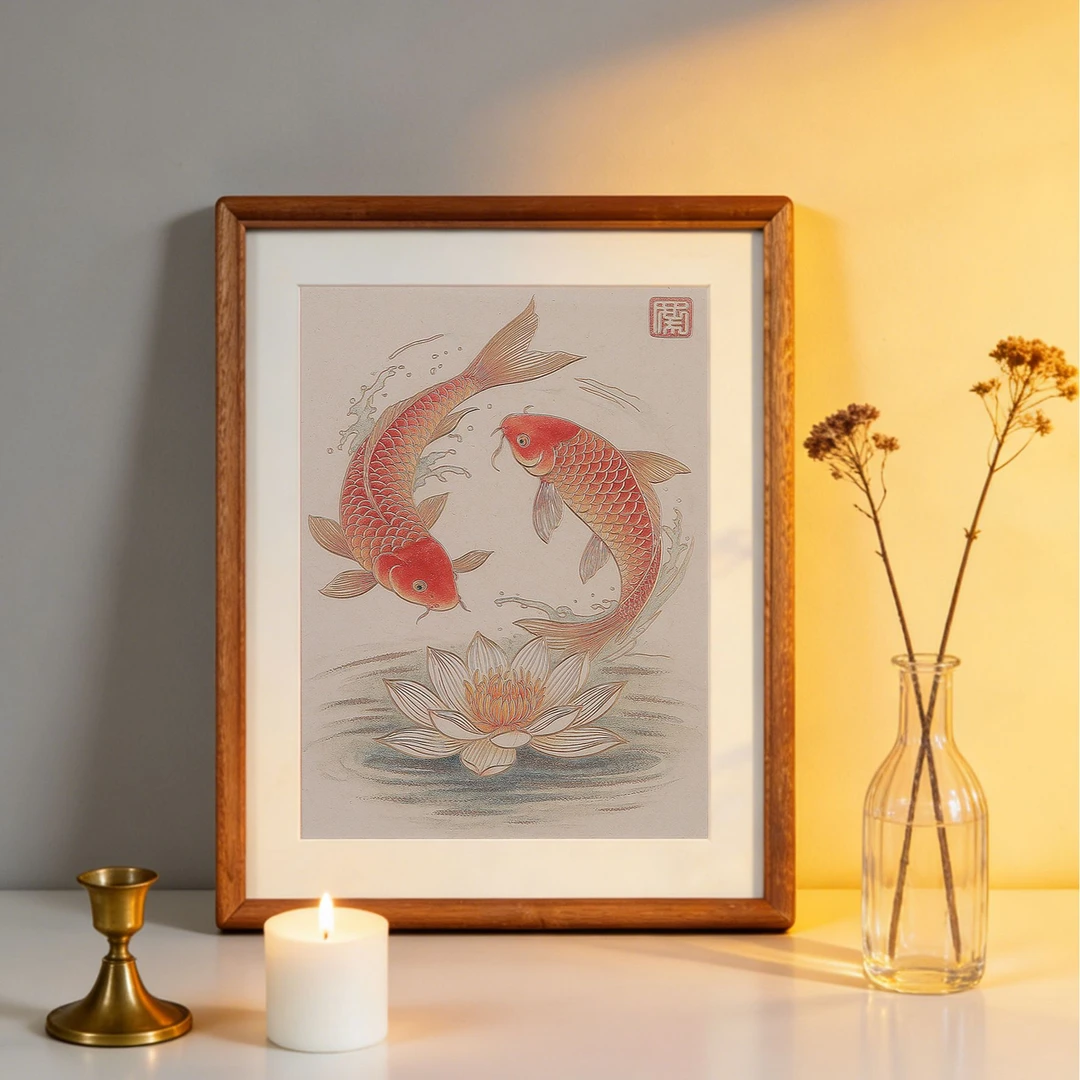 锦界手工錾刻《莲池金鳞戏》铜雕画胡桃木新中式桌面玄关茶室装饰画