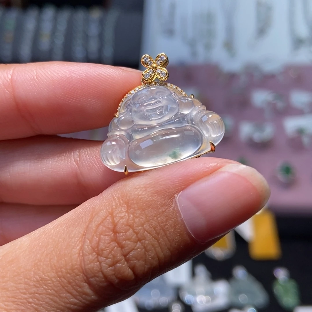 翡翠18K金镶嵌颈饰纯天然缅甸翡翠A货佛公