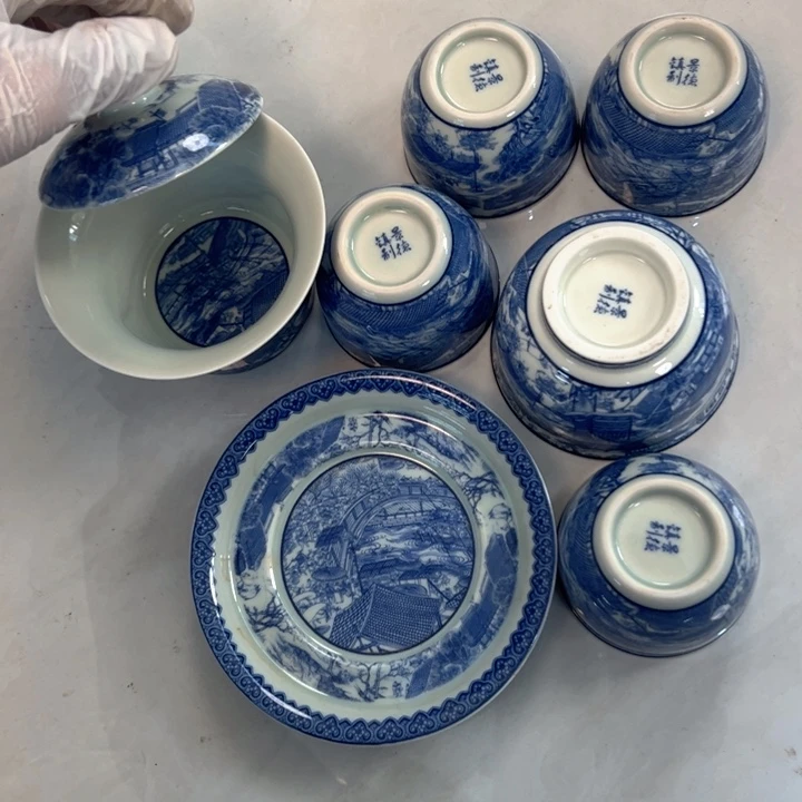 瓷片白青花清明上河图七件套全品