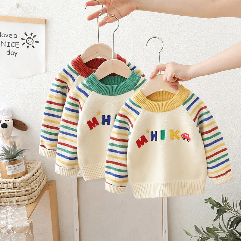 2025新款男童毛衣套头条纹卡通小婴男童加绒加厚高领毛衣