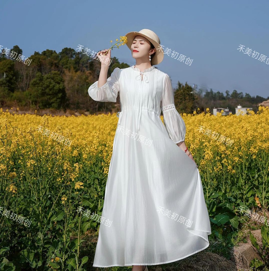 沐雪（8090）2025新款秋季新中式气质文艺莱赛尔天丝仙女法式连衣裙