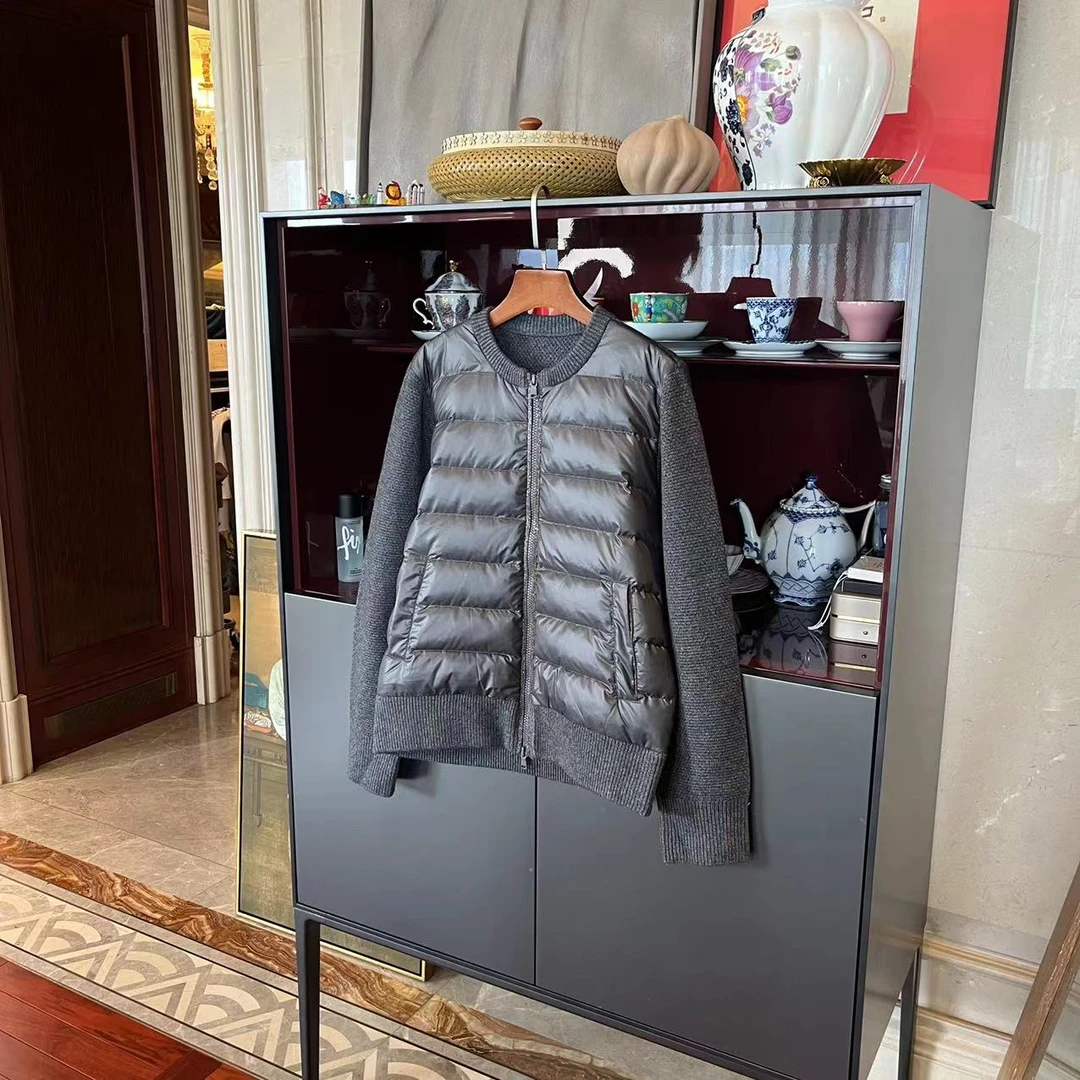 漫颜羊绒灰色拼接鹅绒羽绒服2023秋季新品圆领长袖拉链上衣