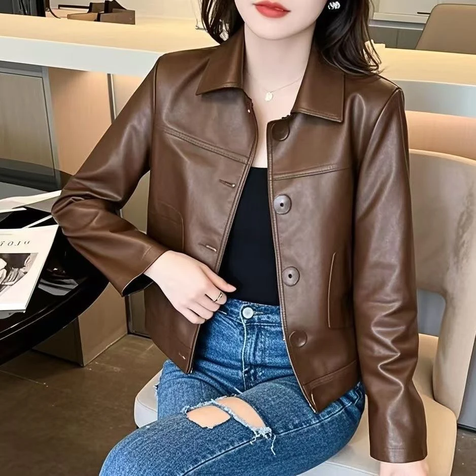 浮力2025年春秋女装八排扣纽扣短款百搭显瘦小个子休闲皮衣