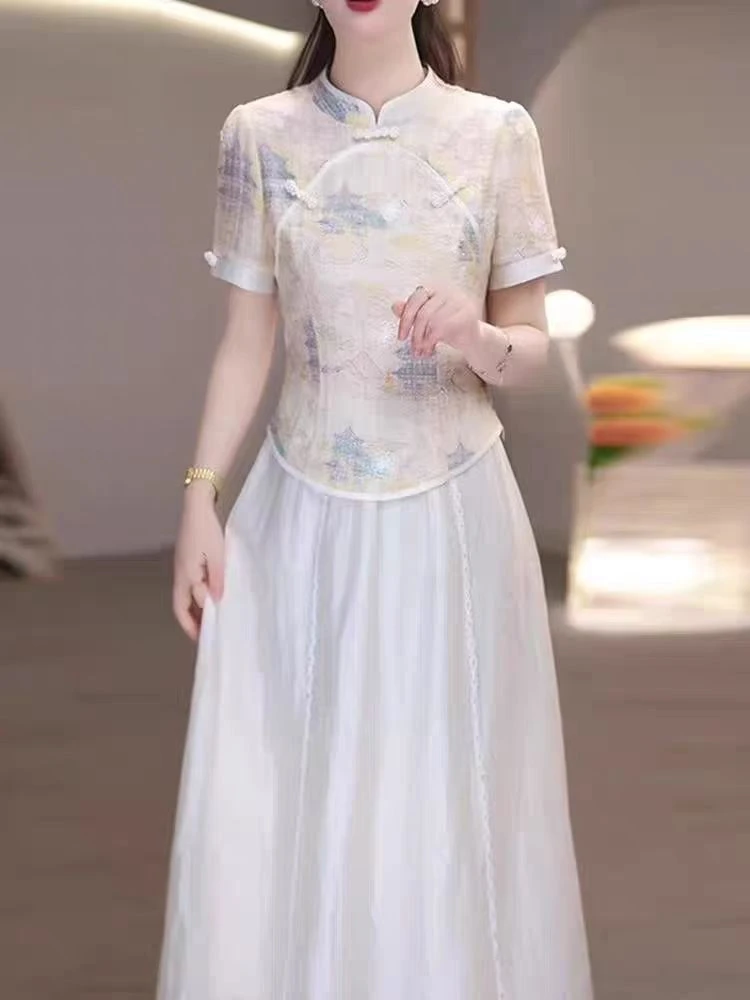 【F3953】新中式国风改良旗袍连衣裙2025新款女夏季十三行修身套装