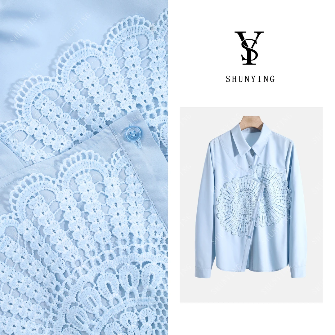 【仟娜】细节感满满~设计感镂空重工绣花不规则长袖衬衫SY71C7152
