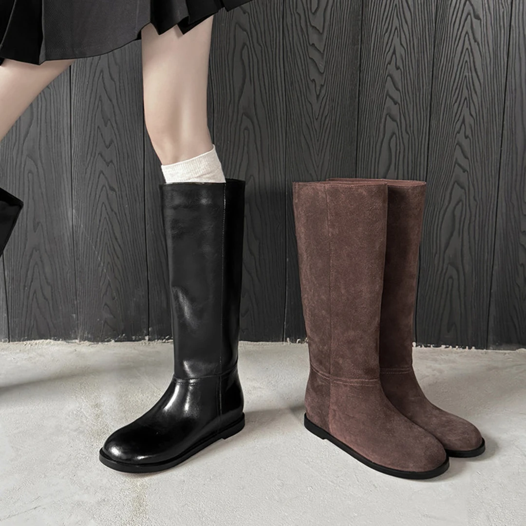 显瘦骑士靴女圆头平底不过膝长靴2025秋冬新款简约宽筒西部高筒靴