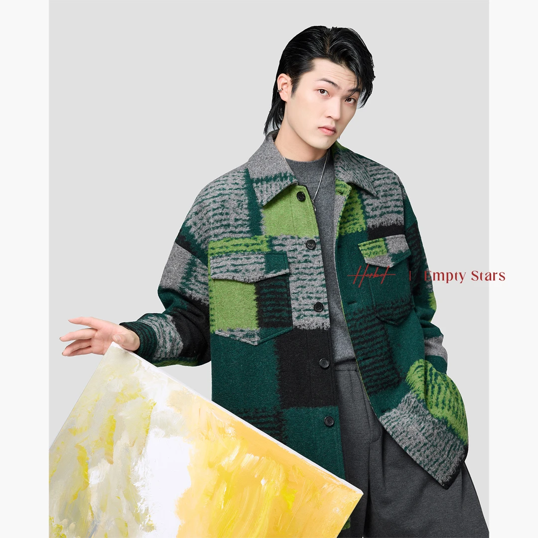 HERBEL/黑白秋冬季新品鹅绒内胆拼接绵羊毛大内胆毛呢大衣