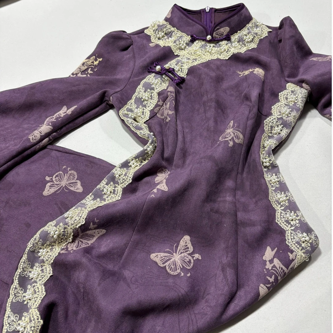 LHMknk1画报夫人原创自制秋冬麂皮绒珠链蕾丝新式旗袍 酱紫太太