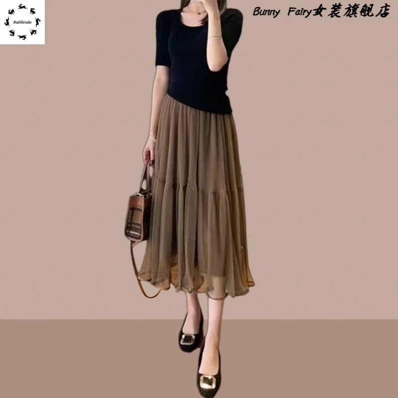 2025夏新款显瘦大裙摆高腰a字裙小个子网纱半身裙子梨形身材设计