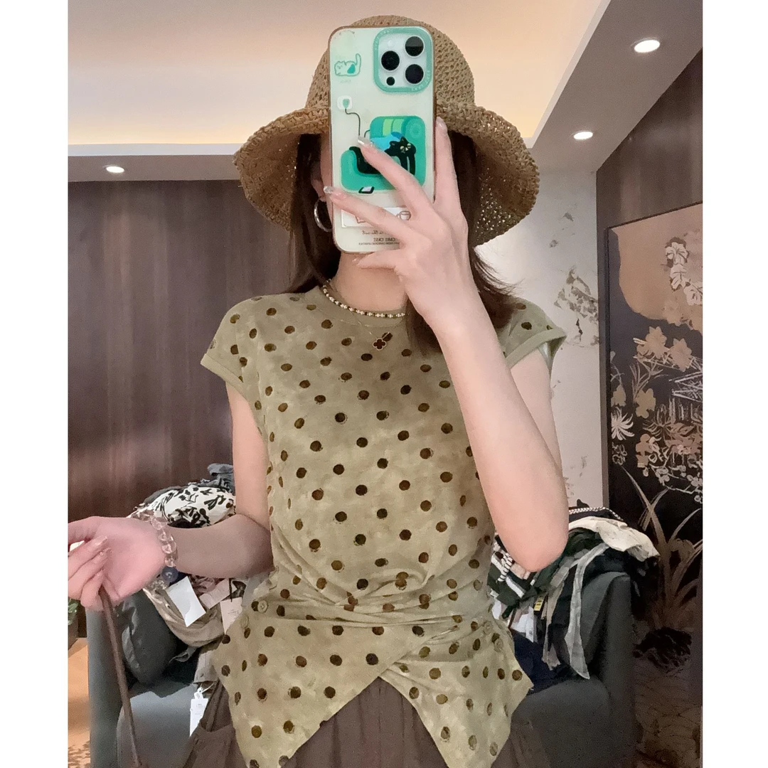 【LIbaibai】（超显白）夏装2025年植绒波点薄款短袖T恤上衣BB-2082