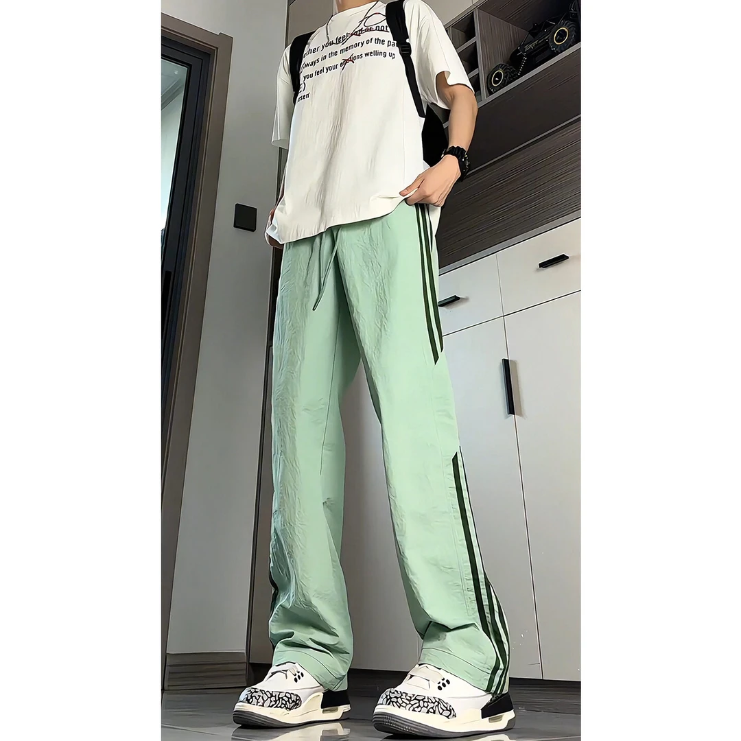 冰感透气裤子男2025夏季新款薄款三条杠拼接痞帅宽松直筒休闲长裤