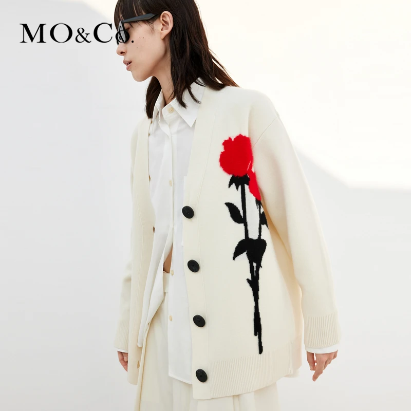 MOCO防寒玫瑰花图案V领绵羊毛毛织开衫慵懒风MBC1CART07