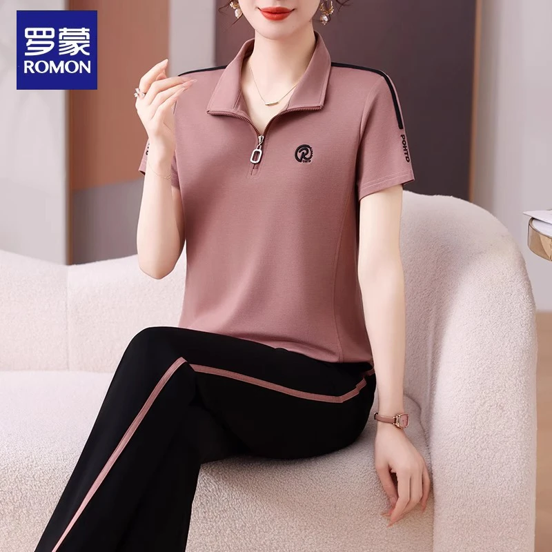 罗蒙妈妈夏装套装休闲运动服2025新款中老年女装夏季短袖T恤上衣