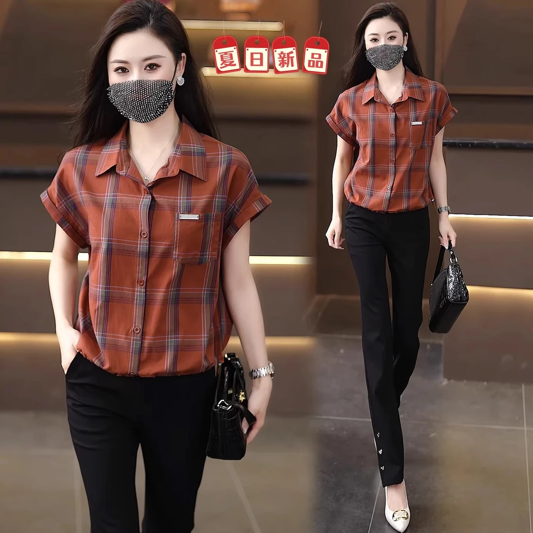 爆款衬衣女显瘦遮肚子短款上衣2025夏装格子衬衫今年流行漂亮小衫