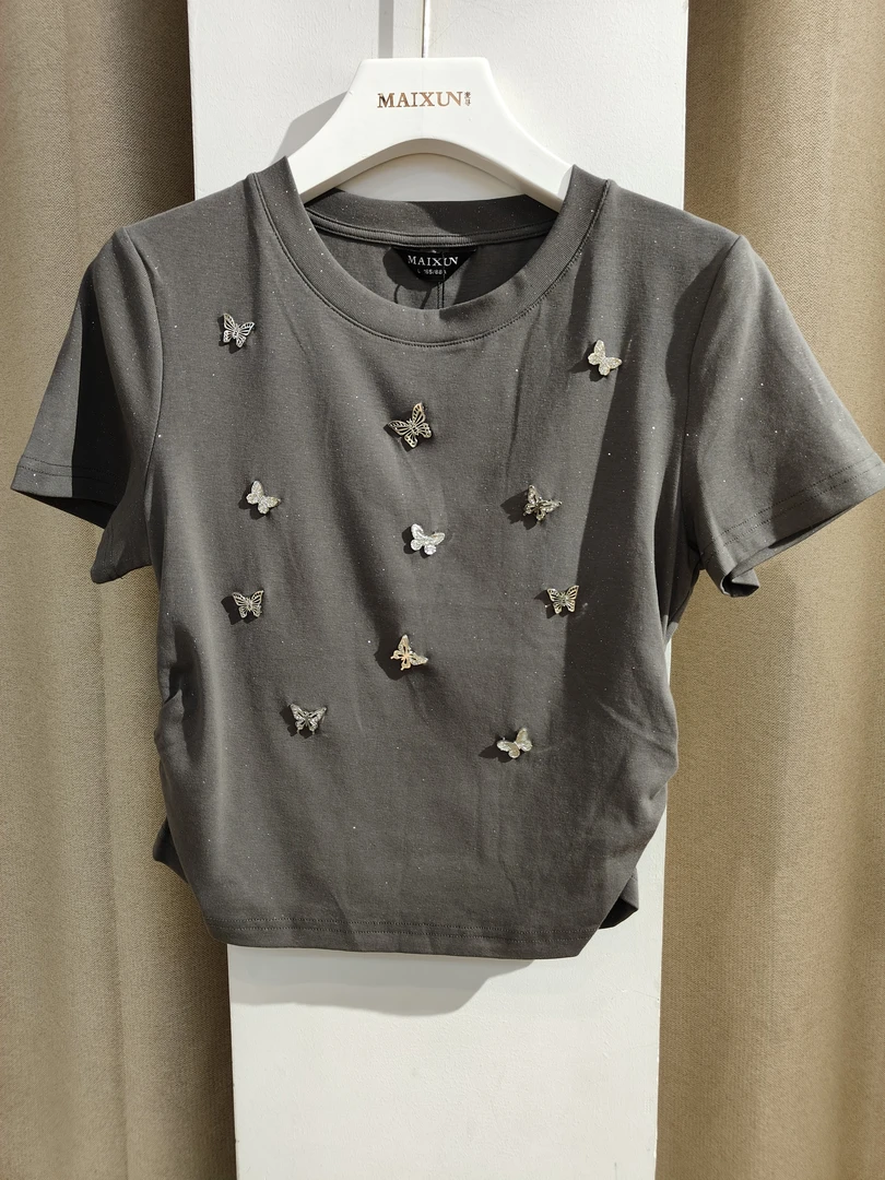 麦寻专柜T恤短款休闲圆领吸汗时尚短袖黑色夏季百搭印花蝴蝶