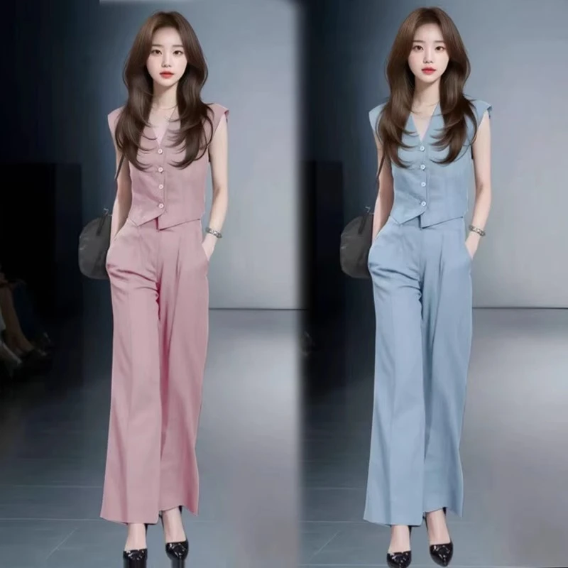 La babite时尚套装夏季新款洋气宽松显瘦无袖上衣阔腿裤两件套潮