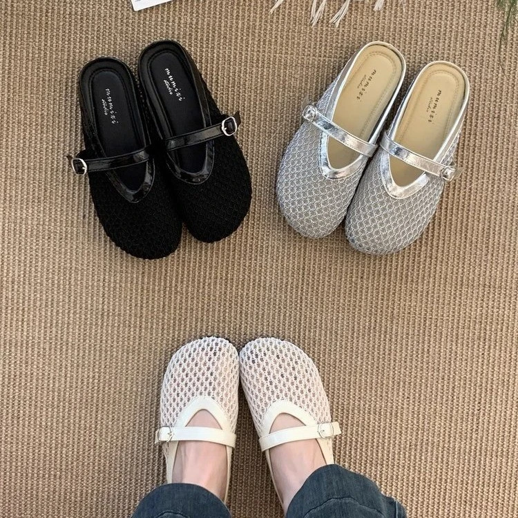 大码女鞋41-43法式包头半拖鞋女夏外穿网纱透气仙女风软底凉拖鞋